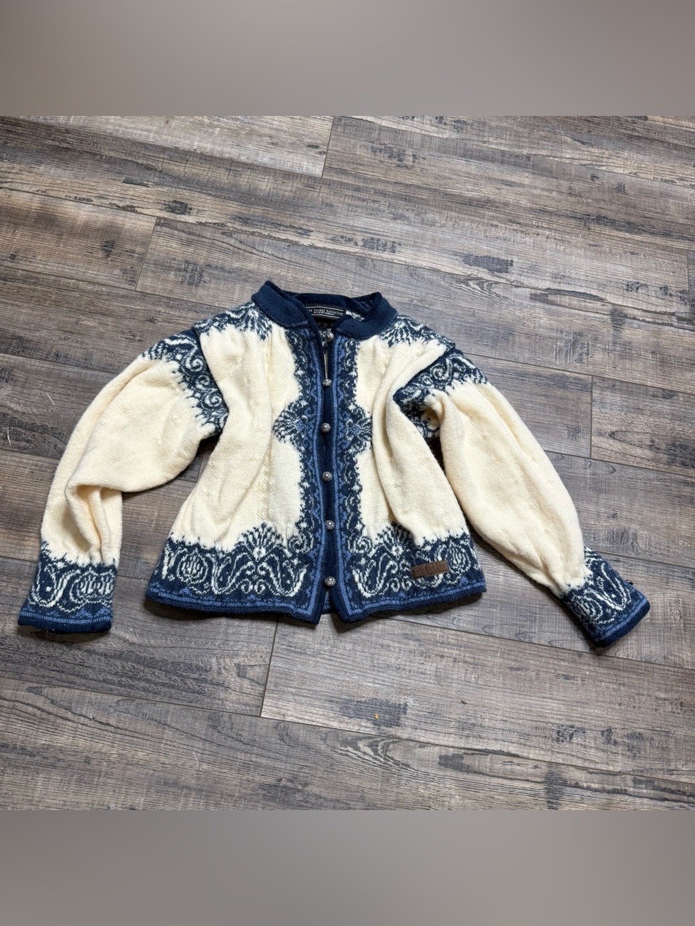 Dale of Norway Casual Cream & Navy Patterned Knit Wool Cardigan Kids Size Small